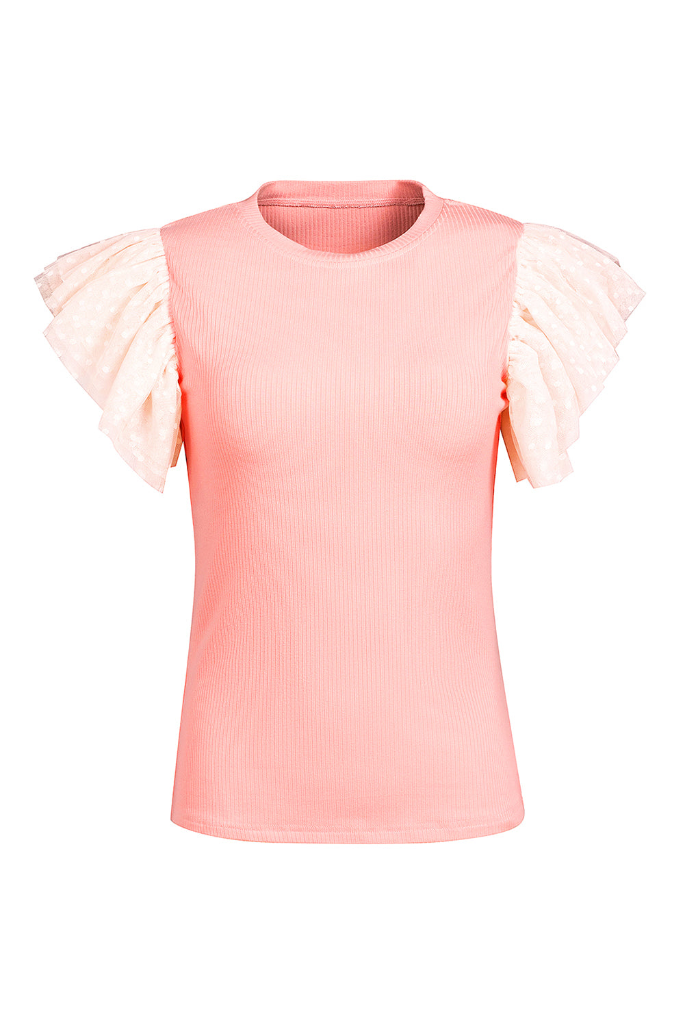 White Dotty Mesh Ruffle Sleeve Ribbed Knit Top by Mommas Hive, featuring textured fabric and stylish ruffle sleeves.