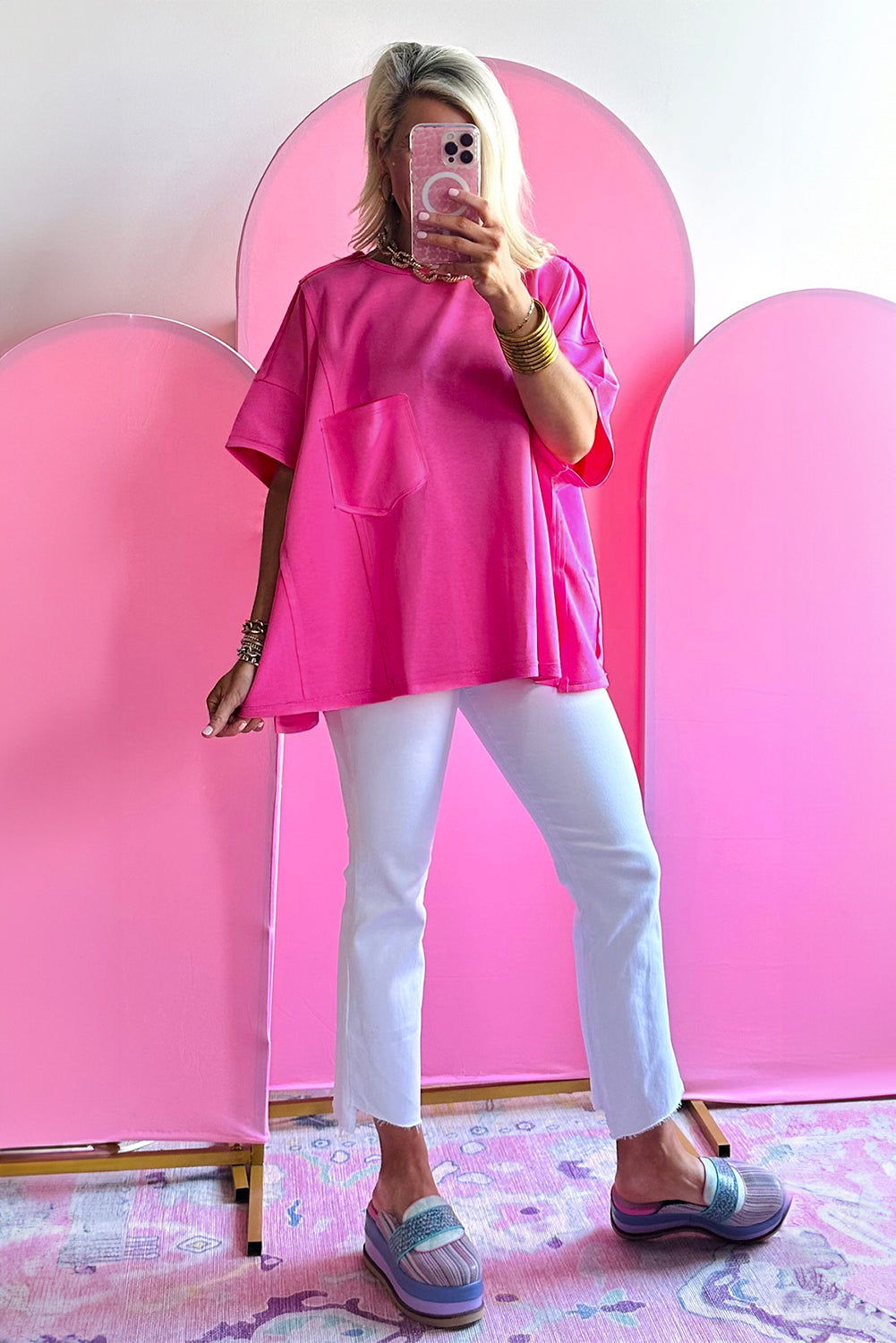 Blue oversized T-shirt by Mommas Hive featuring patched pocket and exposed seam design, made of polyester, cotton, and elastane blend.