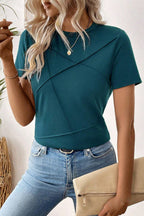 Blue Sapphire solid color round neck T-shirt by Mommas Hive, casual top with toothpick stripe pattern, made of polyester, cotton, and elastane.