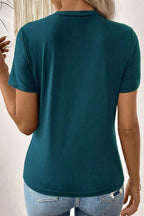 Blue Sapphire solid color round neck T-shirt with toothpick stripe pattern from Mommas Hive, made of polyester, cotton, and elastane.