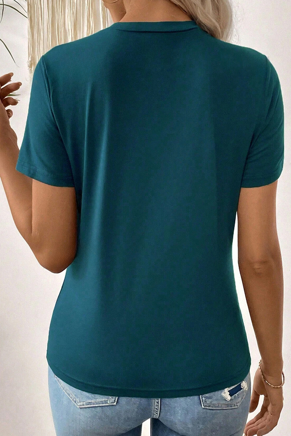 Blue Sapphire solid color round neck T-shirt with toothpick stripe pattern from Mommas Hive, made of polyester, cotton, and elastane.