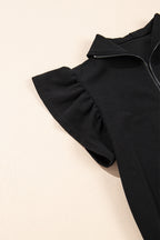 Black textured ruffled sleeve zipped top and wide-leg pants set by Mommas Hive, stylish two-piece fashion ensemble.