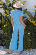 Blue solid corded knit short sleeve T-shirt and wide-leg pants set by Mommas Hive, casual two-piece outfit for comfortable style.
