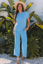 Blue solid corded knit short sleeve T-shirt and wide-leg pants set by Mommas Hive, comfortable casual two-piece outfit.