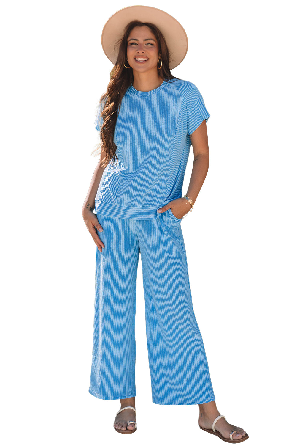 Blue solid corded knit short sleeve T-shirt and wide-leg pants set by Mommas Hive, stylish two-piece casual outfit.