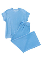 Blue solid corded knit short sleeve T-shirt and wide-leg pants set by Mommas Hive, stylish two-piece outfit for casual wear.