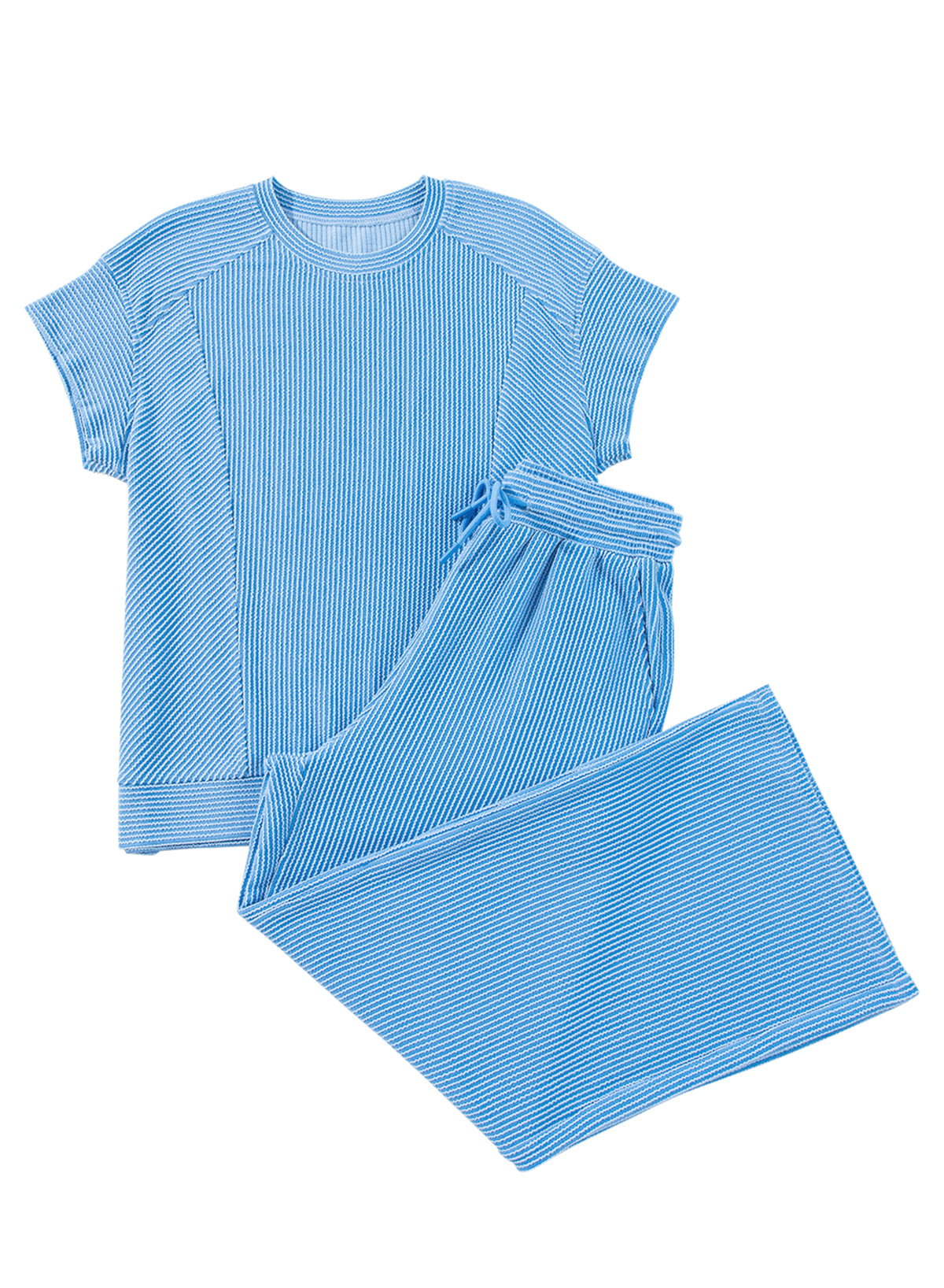 Blue solid corded knit short sleeve T-shirt and wide-leg pants set by Mommas Hive, stylish two-piece outfit for casual wear.