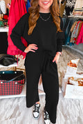 Mommas Hive black checkered textured split pullover top and matching pants set, two-piece outfit, polyester and elastane fabric.