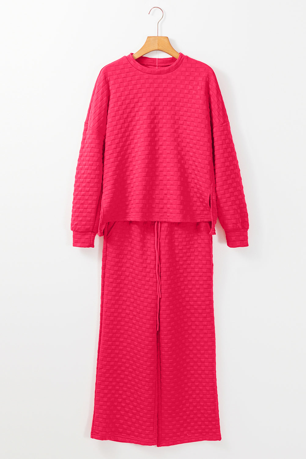 Mommas Hive checkered textured black split pullover top and matching pants set, two-piece casual outfit for women.