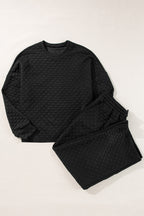 Mommas Hive black checkered textured split pullover top and matching pants set, two-piece casual outfit with elastic waistband.