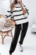 Mommas Hive black stripe drop shoulder pullover and jogger pants set, two-piece polyester casual loungewear for women.