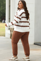 Black and red stripe Mommas Hive two-piece set with drop shoulder pullover and jogger pants, made of 100% polyester.