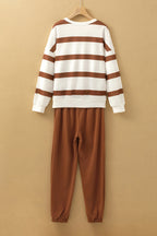 Black and red stripe drop shoulder pullover with matching jogger pants from Mommas Hive two-piece set, made of polyester.