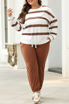 Black stripe drop shoulder pullover and jogger pants set by Mommas Hive, featuring a cozy two-piece design in polyester fabric.