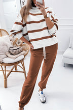 Mommas Hive black and red stripe drop shoulder pullover and jogger pants set, two-piece polyester loungewear for women.