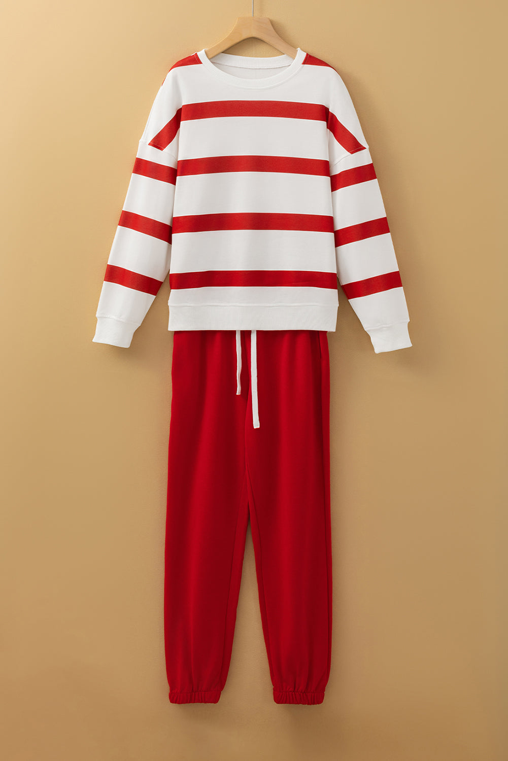 Black and red stripe drop shoulder pullover and jogger pants set by Mommas Hive, two-piece polyester loungewear ensemble.