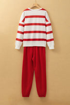 Black stripe drop shoulder pullover and jogger pants set by Mommas Hive, featuring a relaxed fit and stylish two-piece design.