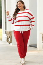 Mommas Hive black stripe drop shoulder pullover and jogger pants set, stylish two-piece outfit with red and black stripes.