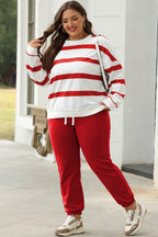 Black and red stripe drop shoulder pullover with matching jogger pants set by Mommas Hive, made of 100% polyester.