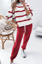 Black and red stripe drop shoulder pullover with matching jogger pants, casual two-piece set by Mommas Hive.