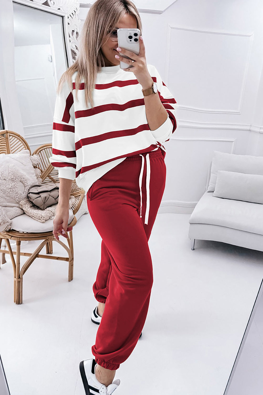 Black and red stripe drop shoulder pullover and jogger pants set by Mommas Hive, featuring a comfortable two-piece design.