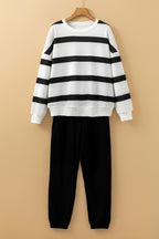 Black and red stripe drop shoulder pullover and jogger pants set by Mommas Hive, featuring a comfortable two-piece polyester outfit.