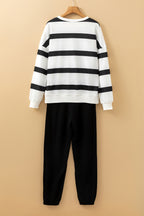 Mommas Hive black stripe drop shoulder pullover and jogger pants set, two-piece polyester outfit with red stripe accents.