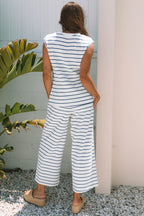 Mommas Hive Sail Blue casual wide-leg two-piece pants set, polyester and cotton, featuring a relaxed fit and stylish design.