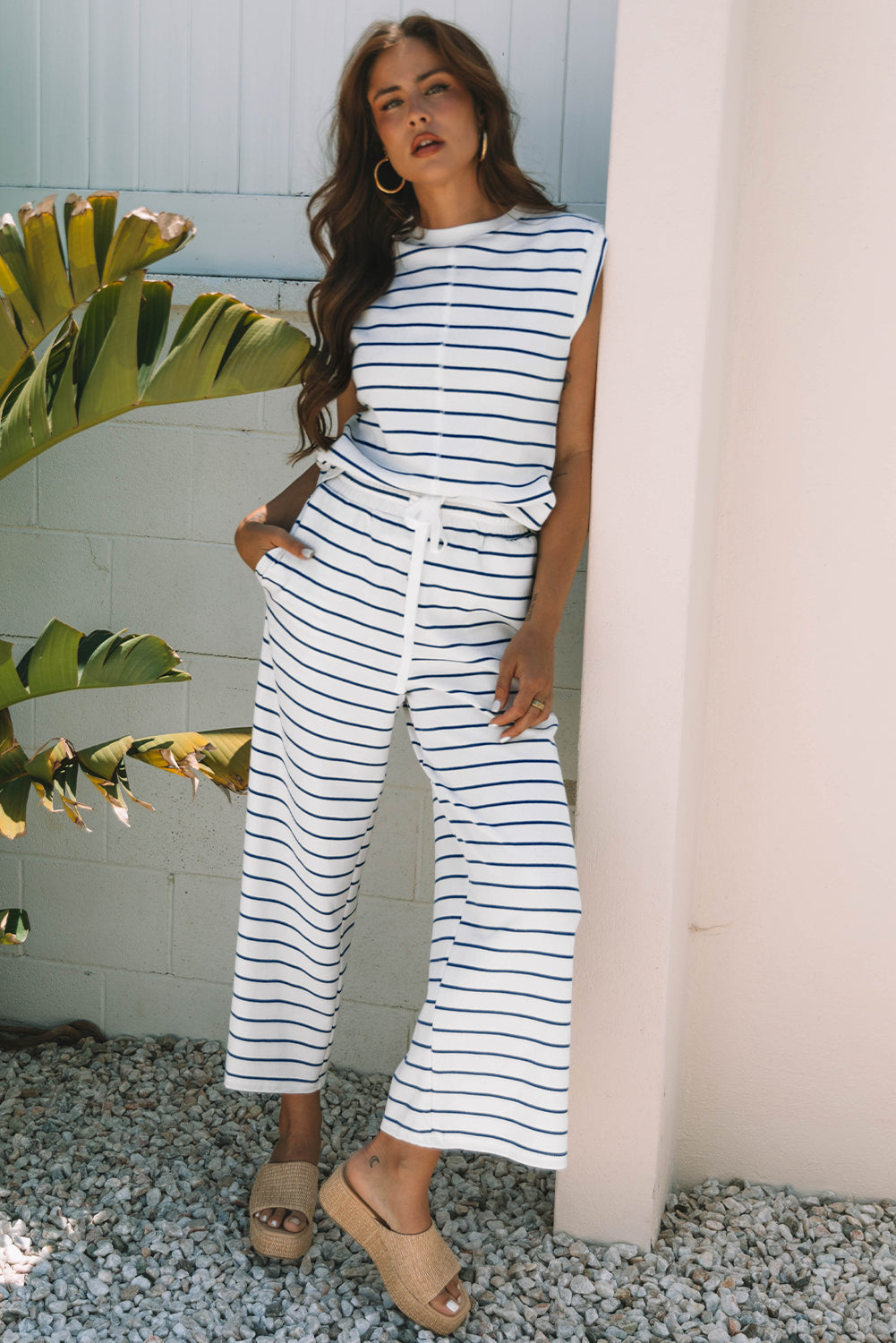 Mommas Hive Sail Blue casual wide-leg two-piece pants set, polyester and cotton, featuring a relaxed fit and stylish design.