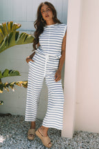 Mommas Hive Sail Blue casual wide-leg two-piece pants set, polyester and cotton, featuring a relaxed fit and stylish design.
