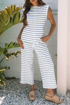 Mommas Hive Sail Blue casual wide-leg two-piece pants set for women, featuring polyester and cotton fabric in a relaxed style.