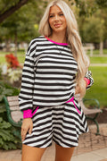 Mommas Hive black stripe contrast ribbed long sleeve blouse and loose shorts set, two-piece cotton-elastane casual outfit.