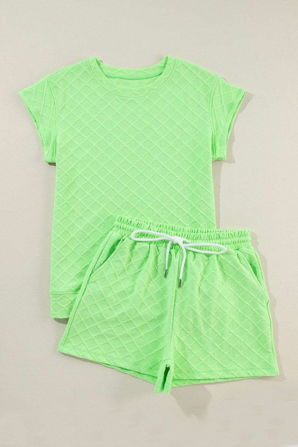 Mommas Hive light green checkered textured t-shirt and drawstring shorts two-piece set, casual summer outfit with comfortable fabric