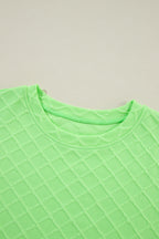 Light green checkered textured tee with matching drawstring shorts, Mommas Hive two-piece short set, casual and comfortable.