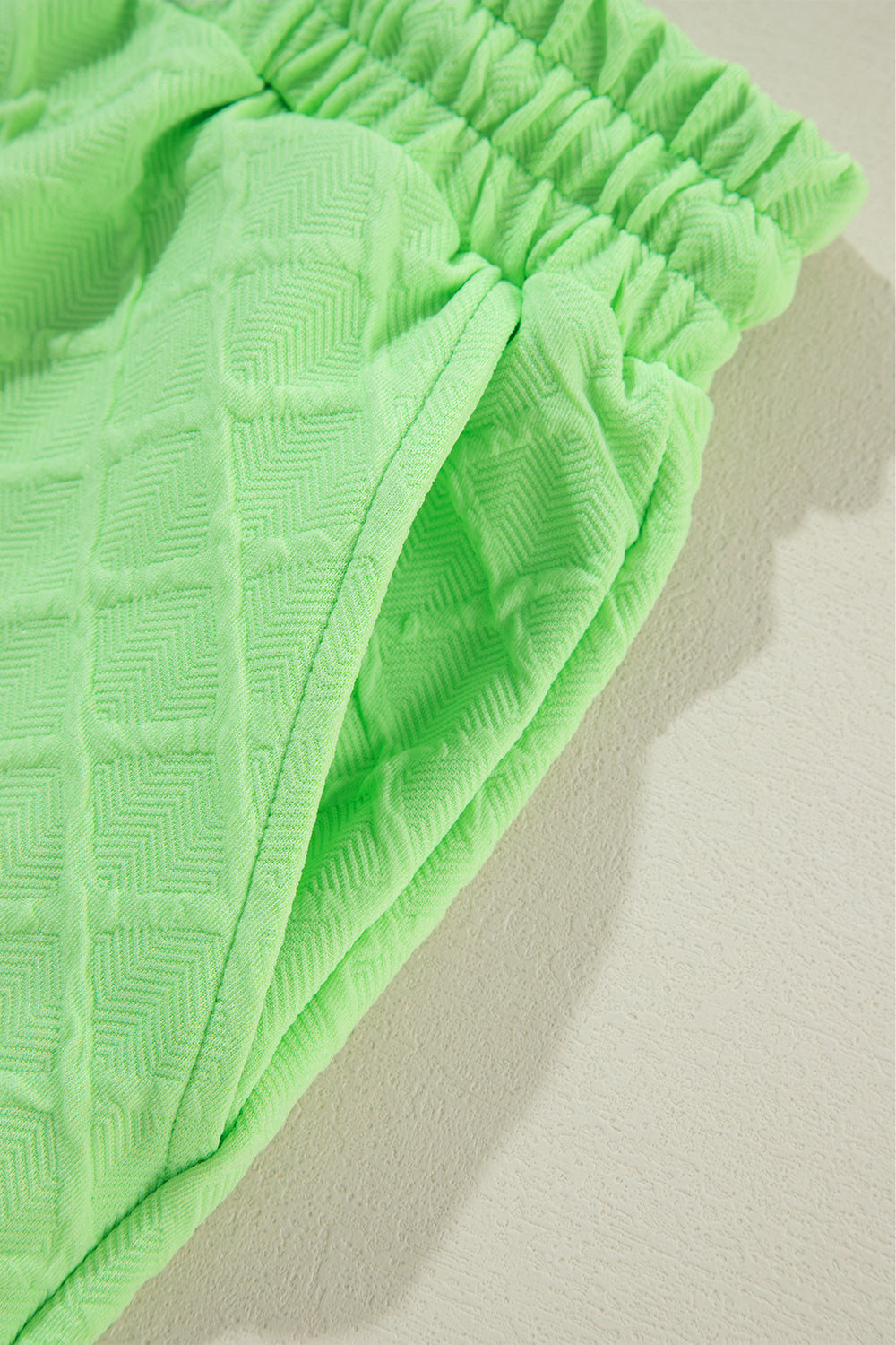 Light green checkered textured tee and drawstring shorts two-piece set by Mommas Hive, casual comfortable summer outfit.