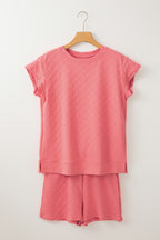 Light green checkered textured tee and drawstring shorts two-piece set from Mommas Hive, casual and comfortable summer outfit.