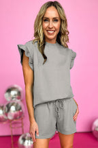 Mommas Hive textured ruffle split top and drawstring shorts set, stylish two-piece polyester elastane outfit with ruffle details.