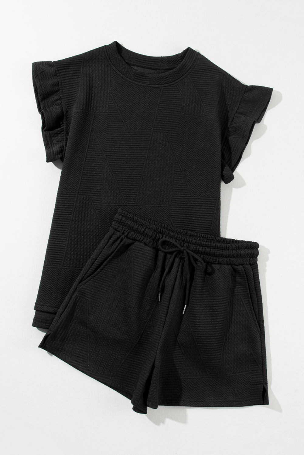 Mommas Hive textured ruffle split top and drawstring shorts two-piece set, polyester-elastane fabric, stylish and comfortable summer outfit.