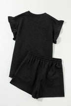 Mommas Hive textured ruffle split top and drawstring shorts two-piece set, lightweight polyester-elastane fabric, casual summer style