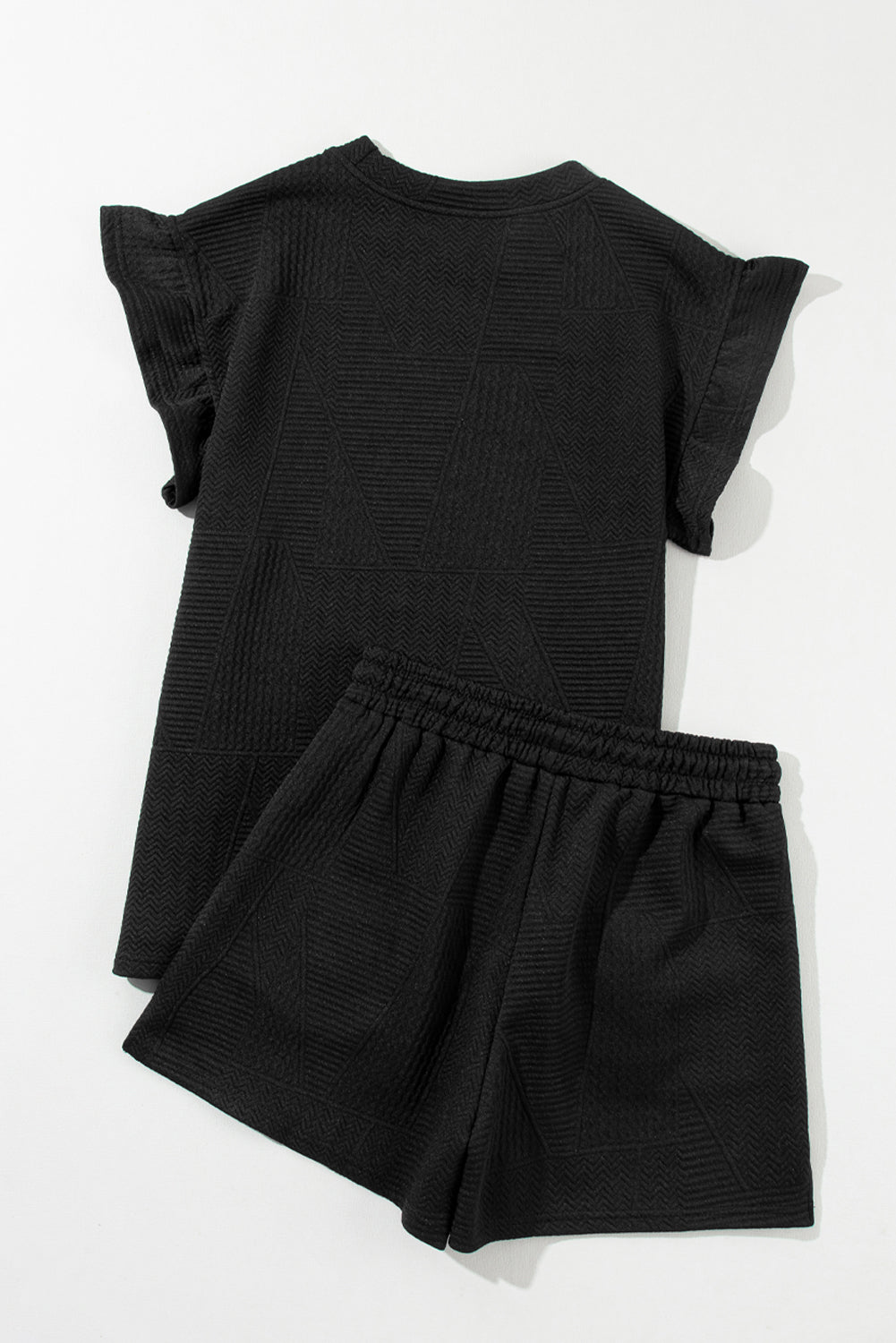 Mommas Hive textured ruffle split top and drawstring shorts two-piece set, lightweight polyester-elastane fabric, casual summer style