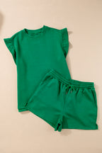 Mommas Hive textured ruffle split top and drawstring shorts two-piece set, featuring a stylish ruffle detail and comfortable fit.