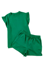 Mommas Hive textured ruffle split top and drawstring shorts set, two-piece short set in a stylish design with ruffle details and comfortable fit.