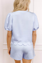 Mommas Hive puff sleeve pearl embellished scallop trim top and matching skort set, in Beau Blue, made of polyester, viscose, and elastane.