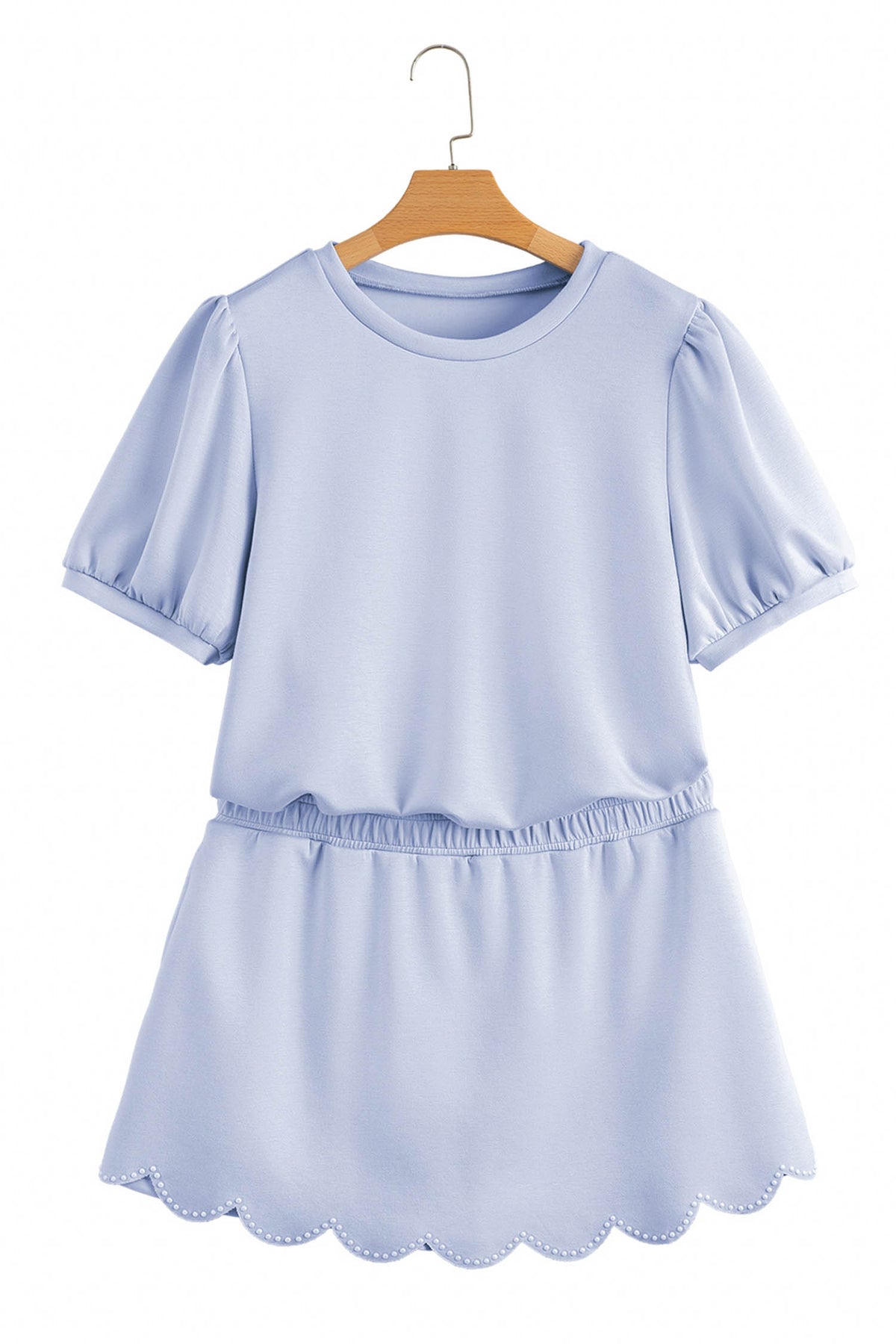 Mommas Hive blue two-piece set with puff sleeve pearl-embellished scallop trim top and matching skort, lightweight polyester-viscose blend.