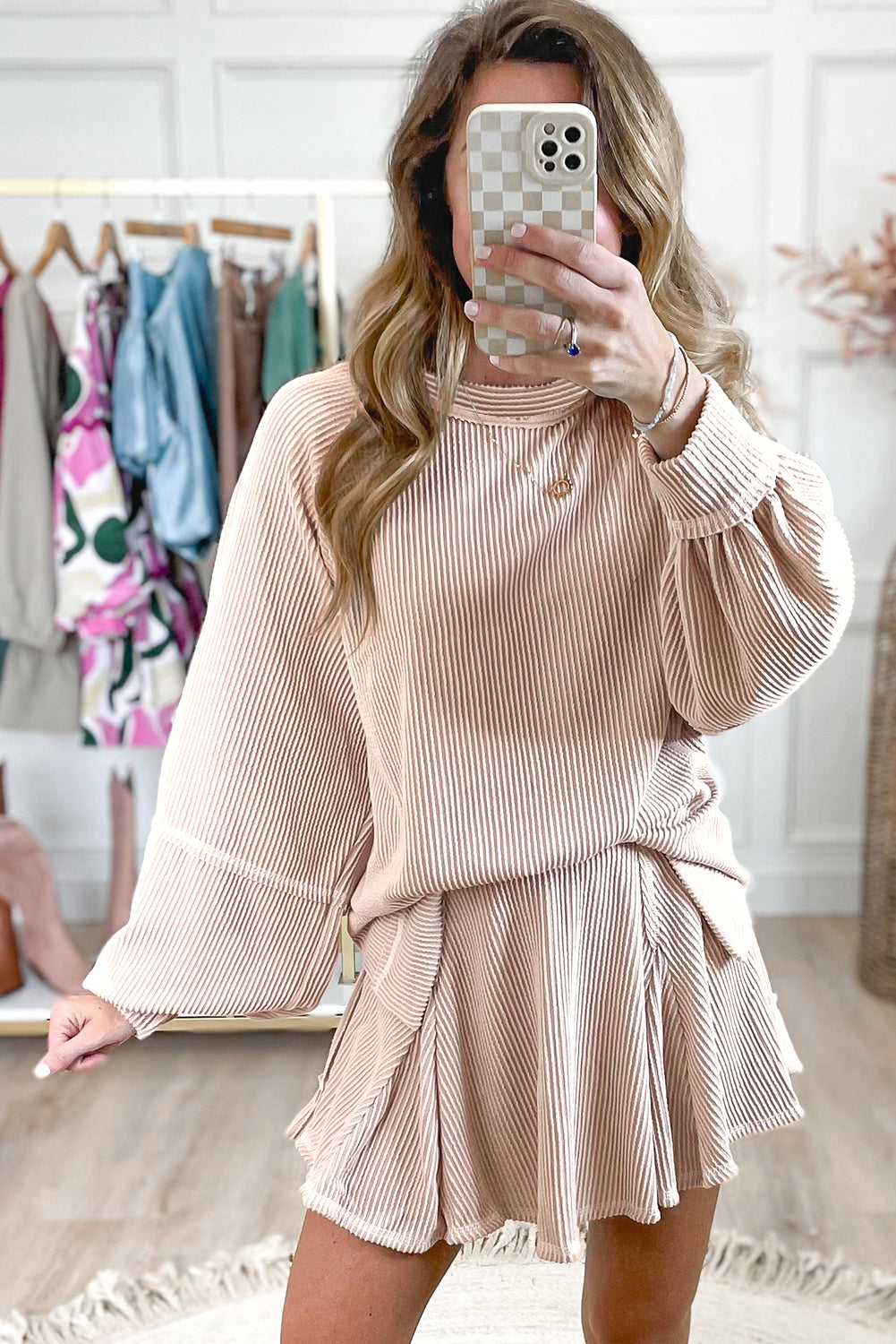 Mommas Hive jet stream corded lantern sleeve top with high waist ruffled mini skirt set, stylish two-piece dress for trendy looks.