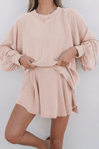 Mommas Hive jet stream corded lantern sleeve top with high waist ruffled mini skirt, stylish two-piece set for women.