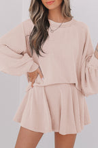 Mommas Hive Jet Stream corded lantern sleeve top with high waist ruffled mini skirt two-piece set, stylish and modern for casual wear.