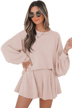 Mommas Hive Jet Stream corded lantern sleeve top with high waist ruffled mini skirt, two-piece set, polyester and elastane fabric.