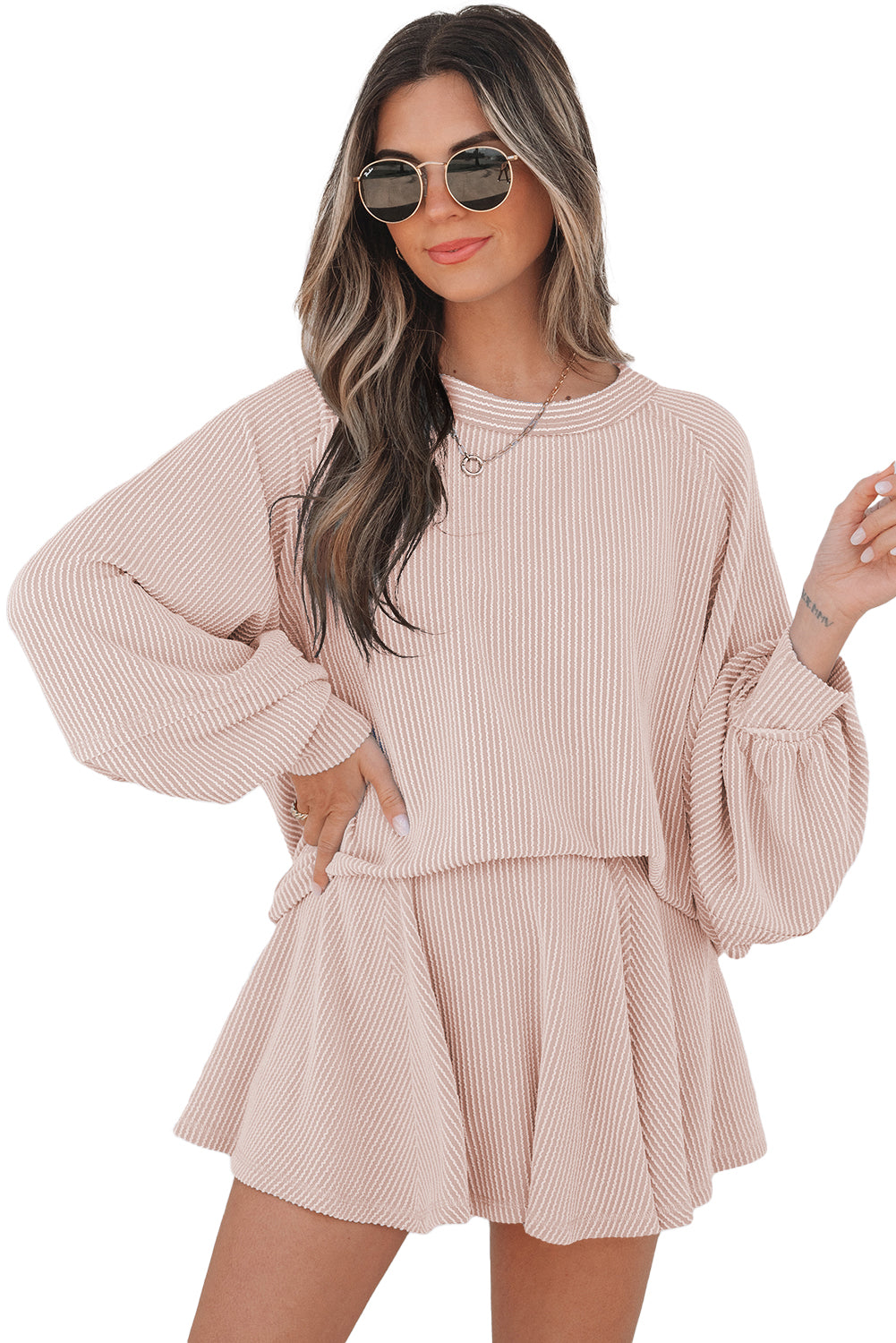 Mommas Hive Jet Stream corded lantern sleeve top with high waist ruffled mini skirt, two-piece set, polyester and elastane fabric.