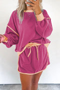 Rose Red color contrast loose pullover and lace-up waist skort set from Mommas Hive, casual two-piece outfit with polyester and cotton fabric.